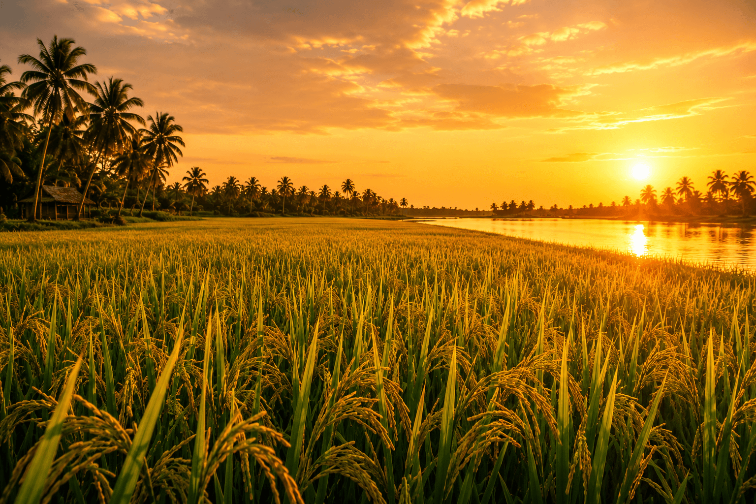 Kerala paddy field at golden hour